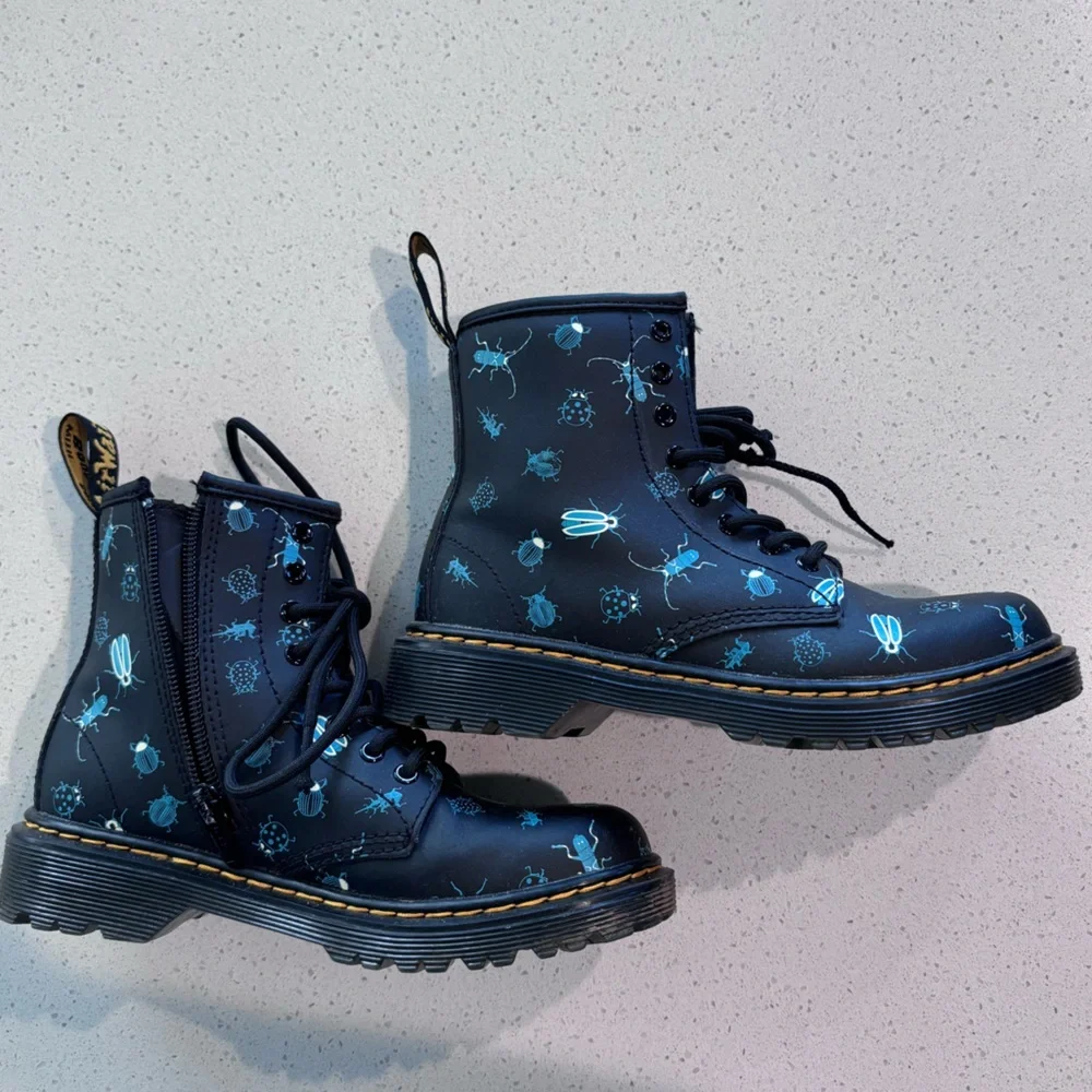 Dr. Martens Kids Black Boots with Teal Bug Print